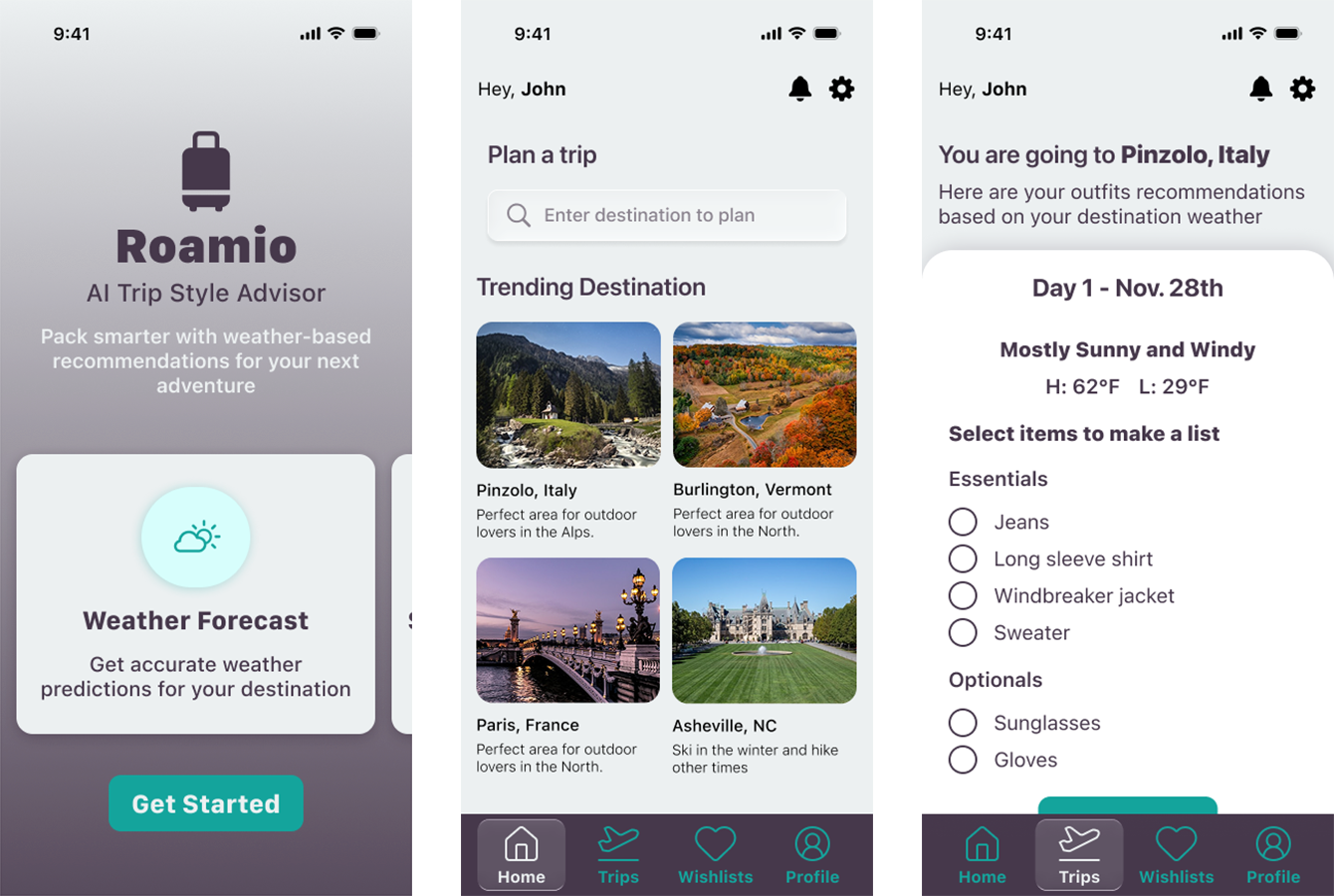 Roamio travel application screens